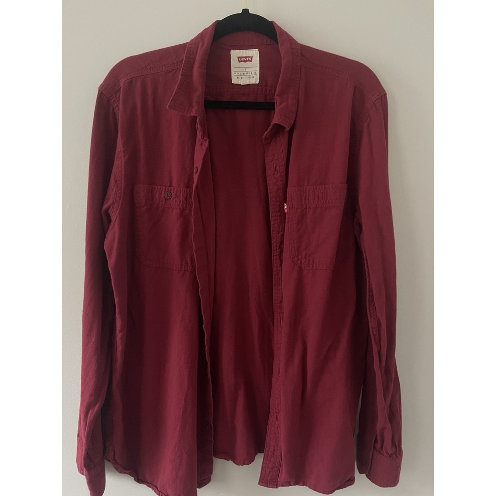 Levis Mens Large Burgundy Long Sleeve Button Down Work Shirt Maroon Twill L